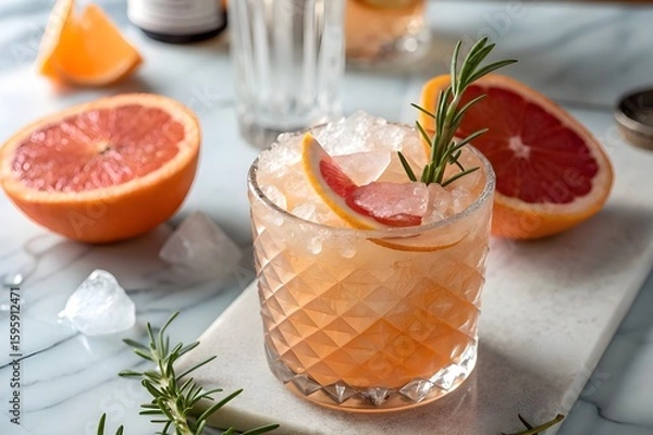 Fototapeta Refreshing grapefruit and rosemary cocktail garnished with citrus slices and fresh herbs