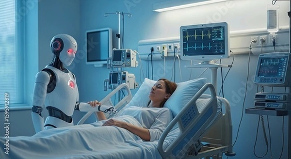 Fototapeta A futuristic robot with glowing red eyes gently holds the hand of a female patient lying in a hospital bed, surrounded by medical equipment and monitors