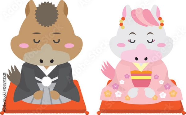 Fototapeta 着物の馬キャラクターで迎える2026年のお正月