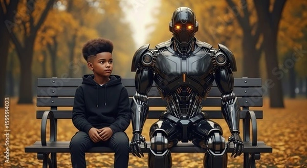 Fototapeta A young boy and a futuristic robot sit together on a park bench surrounded by autumn leaves, symbolizing a unique bond between humanity and technology