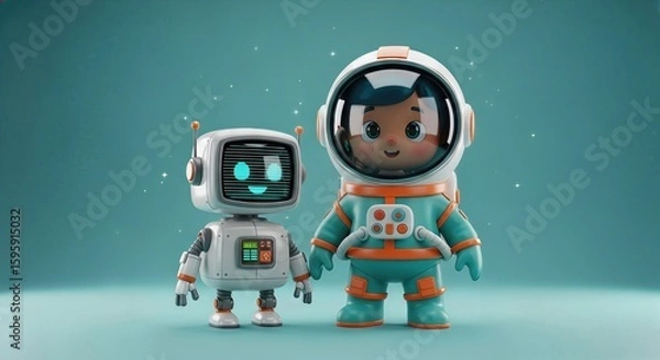 Fototapeta A cute robot and a child astronaut stand together, ready for an adventure in space, with a teal background and sparkling stars