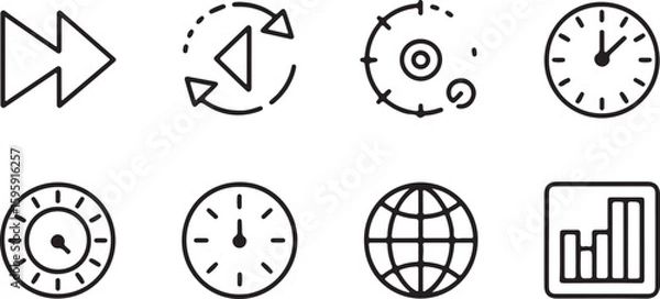Fototapeta Set of four outline icons representing rotation time tracking global reach and process management suitable for web design infographics or presentations with a clean and