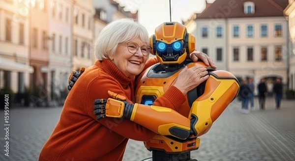 Fototapeta An elderly woman shares a warm embrace with a friendly orange robot on a charming city street, symbolizing a harmonious blend of human connection and advanced technology