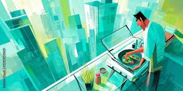 Fototapeta Man using a compact solar cooker to prepare vegetables on a modern balcony