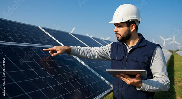 Fototapeta A solar panel technician inspects solar panels in a field, holding a tablet and pointing.