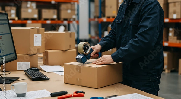 Obraz Warehouse worker sealing cardboard box with tape, preparing shipment.