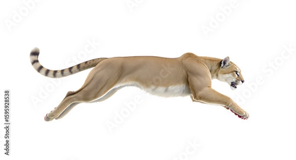 Fototapeta Cougar in motion wild cat leaping 3d render isolated white background