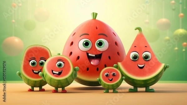 Fototapeta Watermelon Cartoon Icon Set Vector Design. Creative vector design of watermelon-themed emoji icons, showcasing joyful, surprised, and sleepy expressions on juicy, pink-red backgrounds