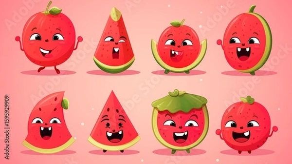 Fototapeta Watermelon Cartoon. Kawaii-style watermelon slice with big eyes, rosy cheeks, and a cheerful expression, perfect for stickers