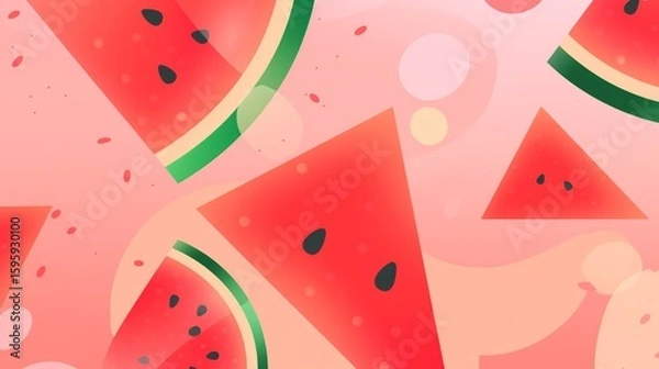 Fototapeta Watermelon Wallpaper. Artistic digital illustration of floating watermelon slices and seeds on a bright turquoise background