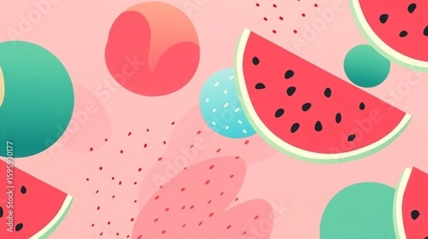 Fototapeta Watermelon Wallpaper. Artistic digital illustration of floating watermelon slices and seeds on a bright turquoise background