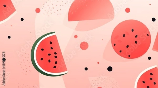 Obraz Watermelon Wallpaper. Kawaii-style watermelon pattern with smiling fruit characters on a soft, tropical-themed backdrop