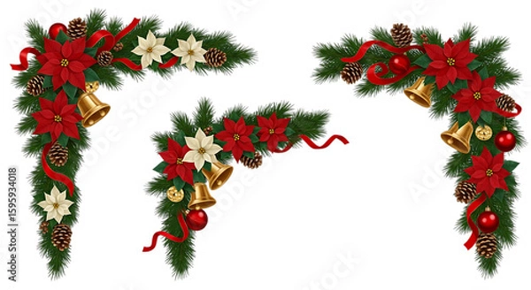 Fototapeta Festive christmas corner garlands with poinsettias bells and pinecones isolated on transparent background