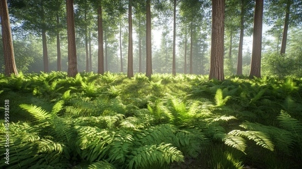Fototapeta Sunlit Forest Path: Lush Ferns & Towering Trees Stock Photo