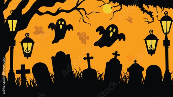 Fototapeta Halloween night scene with ghosts tombstones and lanterns under the moonlight in silhouette style