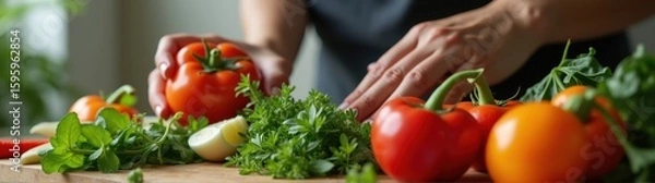 Obraz Someone is cutting up some vegetables on a cutting board