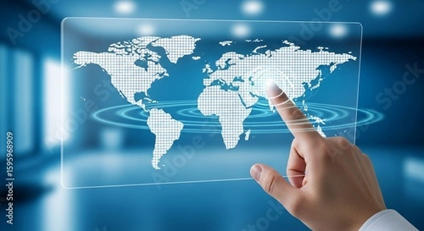 Fototapeta Human Hand Touching Digital World Map on Blue Hologram Display