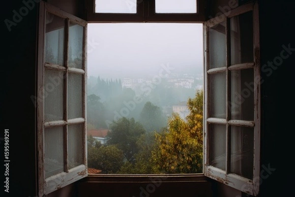 Obraz Misty cityscape view through an old window