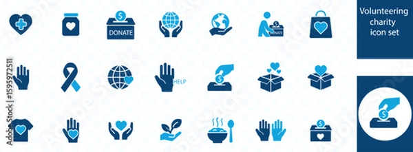 Fototapeta Volunteering and charity icon set. Donation, help, support, humanitarian aid, donor, volunteer, community, unity, caring and more. Outline icon in linear style.