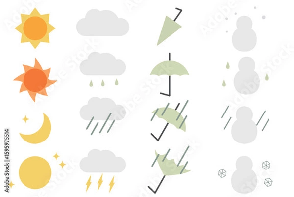 Obraz シンプルな天気マークのイラストセット(晴れ・くもり・雨・雪)