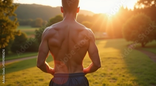 Obraz Man standing in a field with his back turned to the camera man exercising outdoors