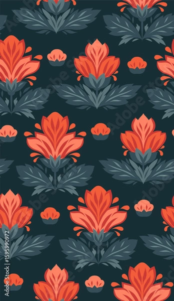Fototapeta Vector seamless pattern with tracery decorative flowers. Texture with stylized red flowers on dark background. Floral backdrop for wallpaper and wrapping paper