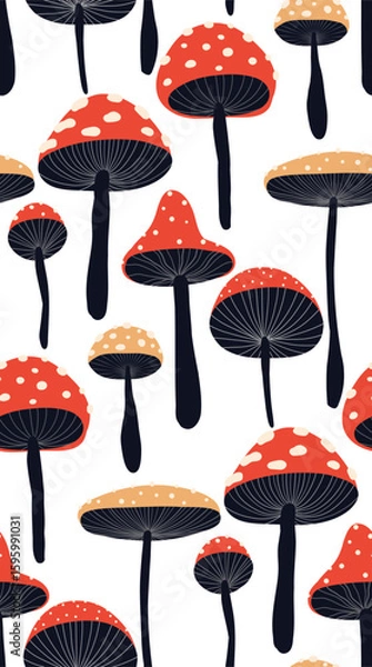 Fototapeta Vector seamless pattern with stylized fly agarics on white background. Texture with drawn magic amanita mushrooms for wallpaper, fabric and wrapper