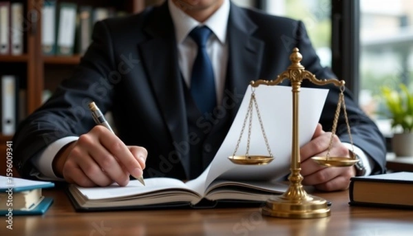 Fototapeta lawyer reviewing case files in office, scales of justice symbol, legal expertise