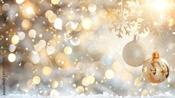 Fototapeta Elegant golden christmas ornaments with snowflakes on blurred bokeh lights background and free place for text