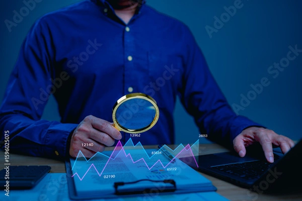 Fototapeta Professional Data Analysis Expert Blue Shirt Examines Financial Chart Magnifying Glass, Utilizing Calculator Enterprise Index Hedge Fund Insights