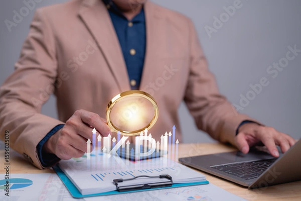 Fototapeta Data Driven Analysis Person Using Magnifying Glass KPI Chart ROI Projection, Wooden Desk Laptop, Key Insights Business Strategy