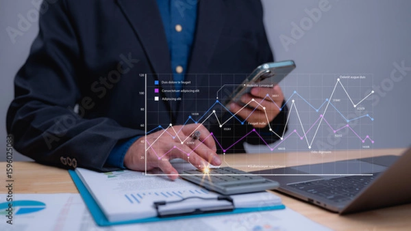 Fototapeta Business Professional Conducting Financial Analysis, Presenting Unique Insights Laptop Smartphone, Showcasing Expertise Corporate Data Learning Analysis Through Digital Graphs