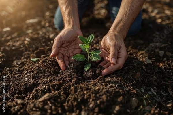 Fototapeta Hands in dirt planting green sapling showing eco-conscious farming, sustainability, and environmentalism

