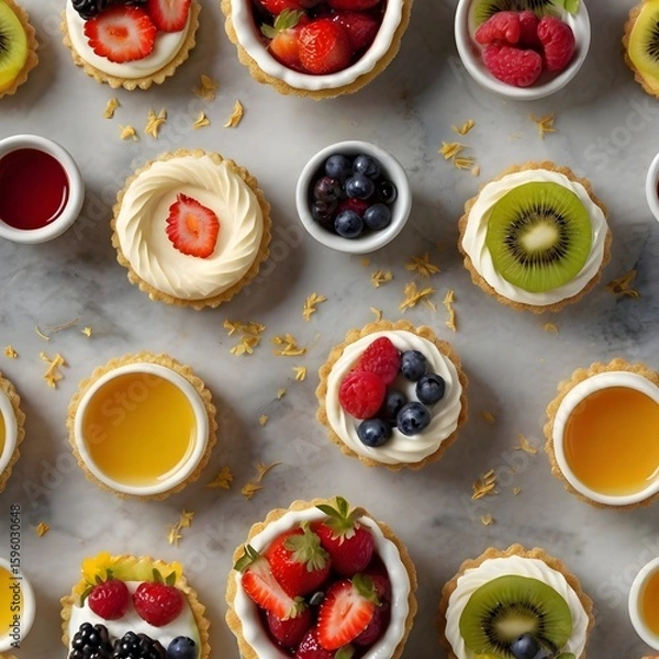 Obraz Dessert Flat Lay with Colorful Tarts and Berries on Marble