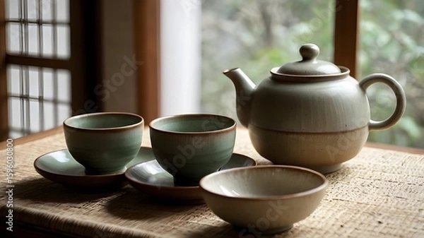 Obraz Green Ceramic Teapot and Cups with Soft Window Light