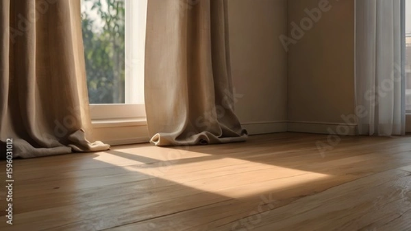 Obraz Sunlight Through Elegant Linen Curtains in Minimalist Interior