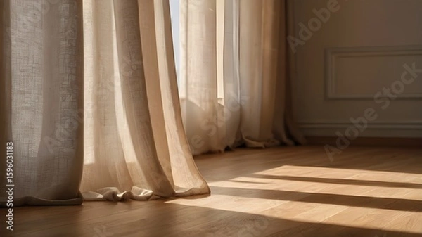 Fototapeta Beige Linen Curtain with Soft Light on Wooden Floor