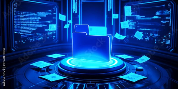 Obraz A futuristic scene with a glowing folder and floating documents in a blue environment on transparent background