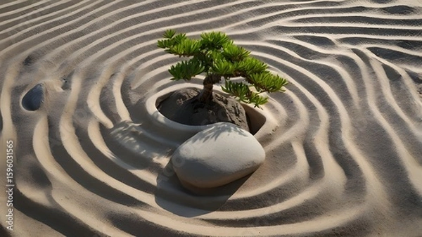 Obraz Minimalist Zen Garden Scene with Bonsai Tree and Stones
