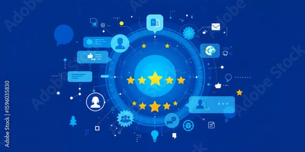 Obraz Illustration of stars and icons on a blue background representing customer feedback on transparent background