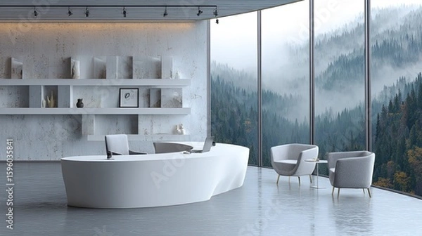 Fototapeta Modern Minimalist Office Reception Area With Mountain View