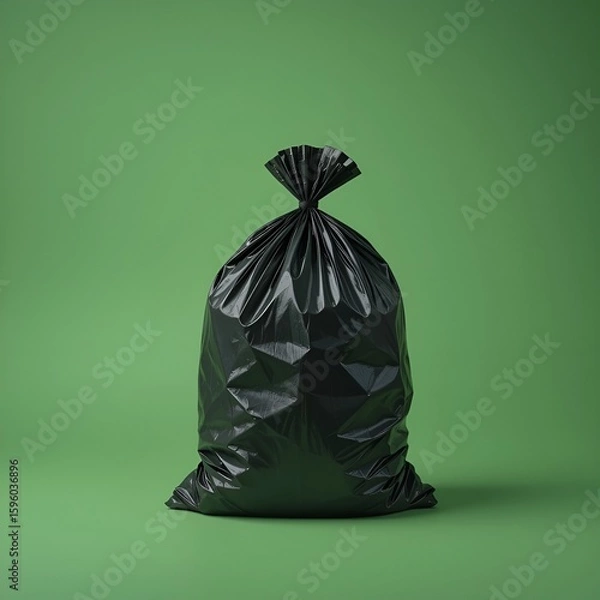 Fototapeta A full black garbage bag stands centered against a solid green background in a studio setting