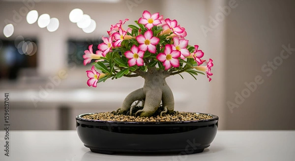 Fototapeta Delicate Desert Rose Bonsai in Bloom A Miniature Garden of Pink and White Petals with unique trunk on a black pot on a minimalist table.