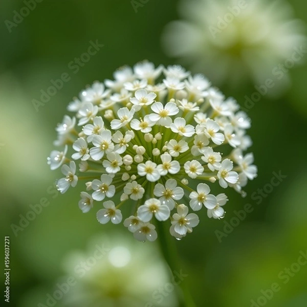 Obraz A close up of a white flower cluster with water droplets against a blurred green background outdoors