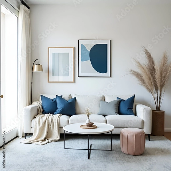 Fototapeta Minimalist interior with a boucle sofa, blue accents, and artistic decor, creating a tranquil and stylish atmosphere.