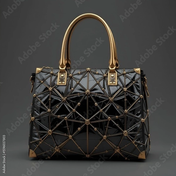 Obraz A luxurious black patent leather handbag with golden accents on a neutral gray background studio shot
