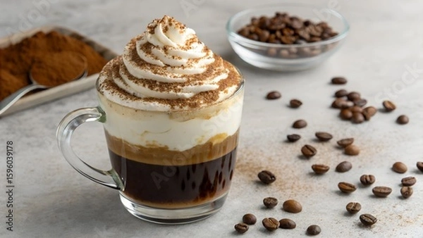 Fototapeta Layered Coffee Drink in Glass Mug with Whipped Cream and Cocoa Powder Garnish Surrounded by Coffee Beans and Grounds