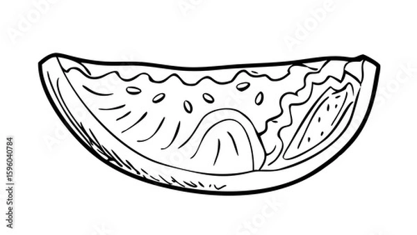 Obraz Delicate contour drawing of a slice of watermelon showing rind layers, thin 1 pt stroke, blank background.

