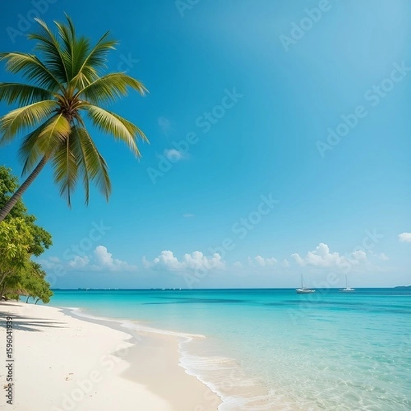 Obraz A tranquil beach scene featuring a palm tree, white sand, turquoise water, and sailboats on the horizon