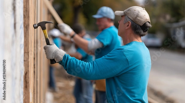 Fototapeta Volunteers Building a Community Fence with Tools in Bright Blue Shirts on a Sunny Day